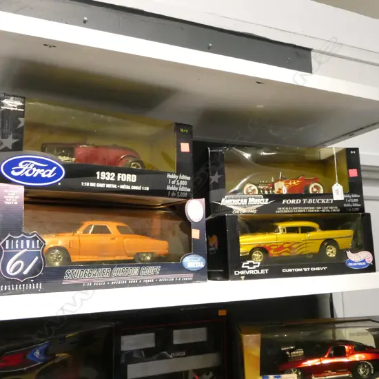 4 BOXED 1:18 MODEL CARS; AMERICAN MUSCLE 32 FORD / T-BUCKET, '57 CHEVY, STUDEBAKER CUSTOM COUPE