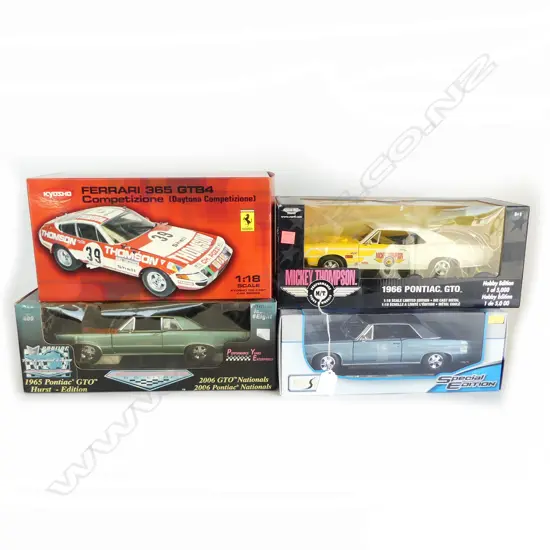 4 BOXED 1:18 MODEL CARS; 3 1960s PONTIACS + FERRARI 365 GTB4
