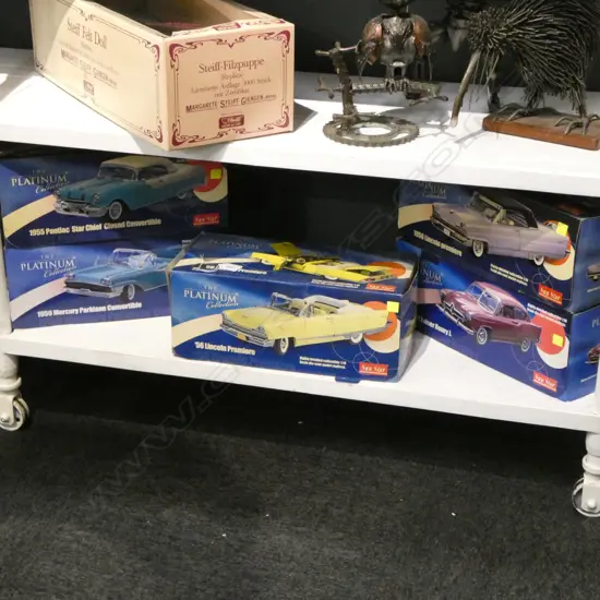 5 SUN STAR PLATINUM COLLECTION 1:18 DIE CAST 1950s MODEL CARS; PONTIAC, MERCURY, KAISER, 2 LINCOLNS