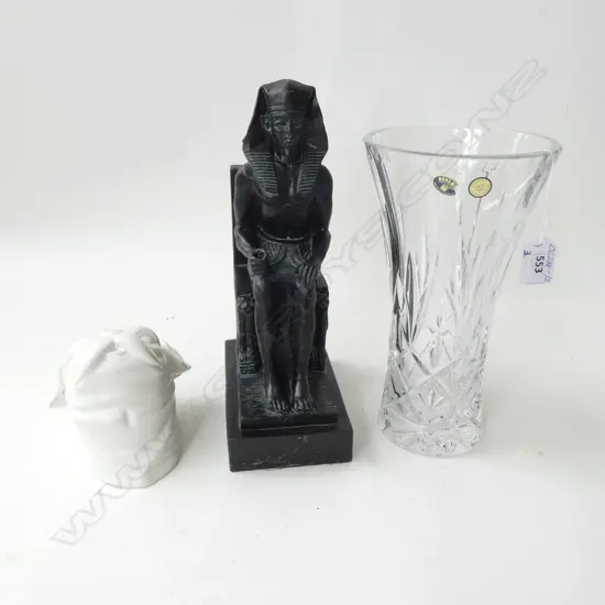 3 PCS; 'BOHEMIA' CRYSTAL WAISTED VASE, H.25.5mm, VINTAGE PHARAOH STATUETTE H.290mm & CERAMIC WALL HANGING PUG DOG