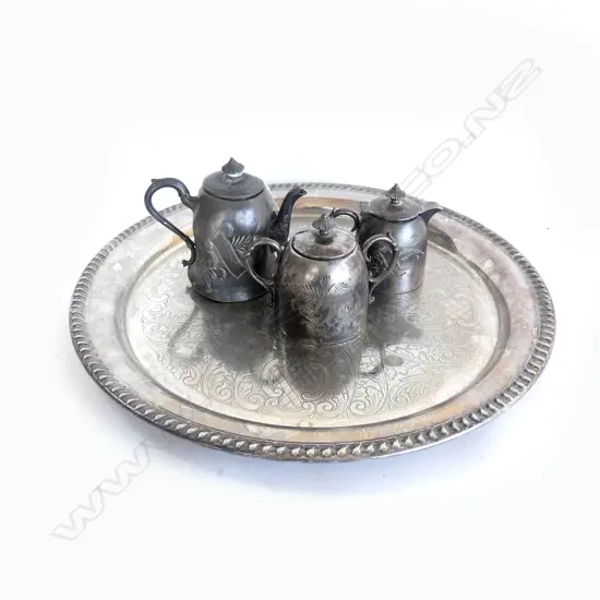 SILVER PLATE TRAY 405mm dia, 3 PCE TEA SET