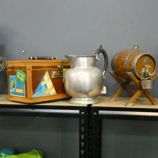 SILVER METAL JUG, OAK BARREL ON STAND, TRAVEL CASE W.300mm