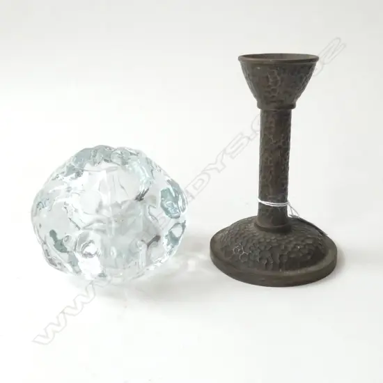 2 CANDLEHOLDERS; ORREFORS & TEXTURED BRONZE H.145mm