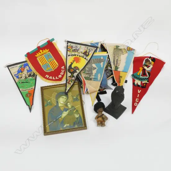 OWL SCULPTURE. PENNANT FLAGS. MAORI DOLL. PRINT