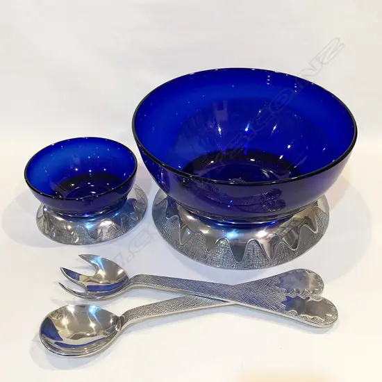 2 MEXICAN BLUE GLASS BOWLS, LARGER w. SERVERS 290mm dia