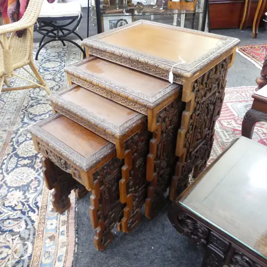 4 CHINESE CARVED WOODEN NESTING TABLES 505x380x685mm