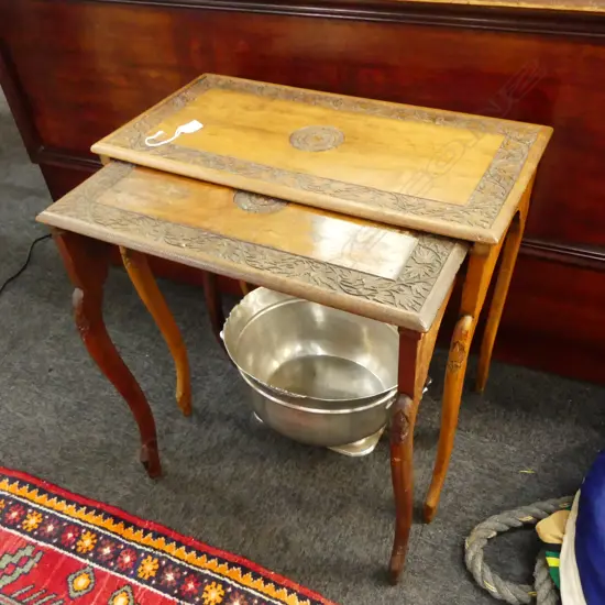 NESTING TABLE (2); CARVED, 'N.Z. STAFF CORPS', 1 TOP MARKED, 610x300x610mm