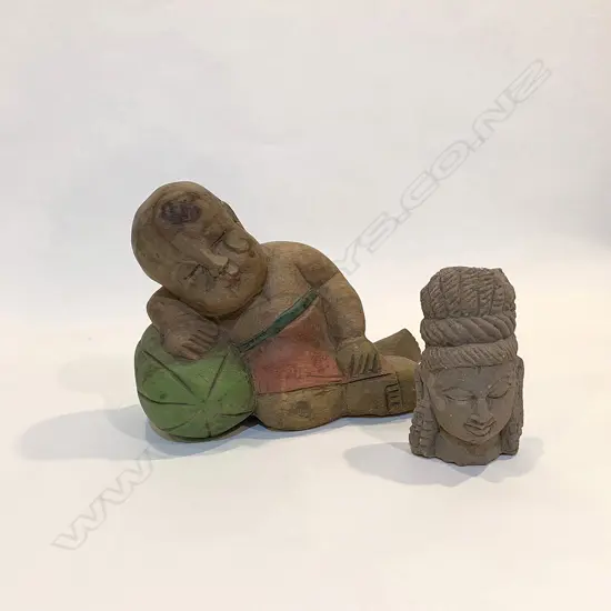 2 ORIENTAL PCES; CARVED WOODEN CHILD W.240mm, STONE HEAD H.130mm