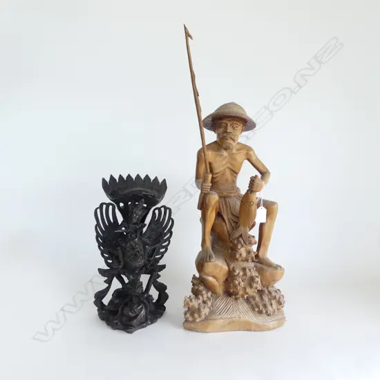 2 INDONESIAN CARVED WOODEN FIGURES; FISHER MAN H.640mm & GARUDA
