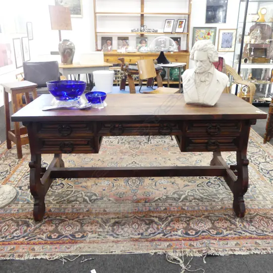 WOODEN DESK w. RUSTIC STRETCHER BASE 1650x800x770mm