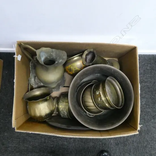LARGE BOX OF BRASS JARDINIERES PLANTERS JUG VASES ETC