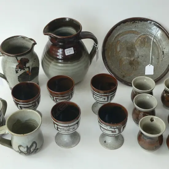 2 DORIS DUTCH POTTERY COFFEE CUPS, SML ROYCE MCGLASHEN JUGS, 11 ASST GOBLETS & CUPS