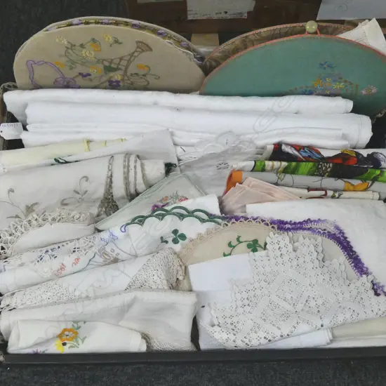 COLLECTION OF 3 IRISH LINEN TABLE CLOTHES DOILIES  TEATOWELS ETC
