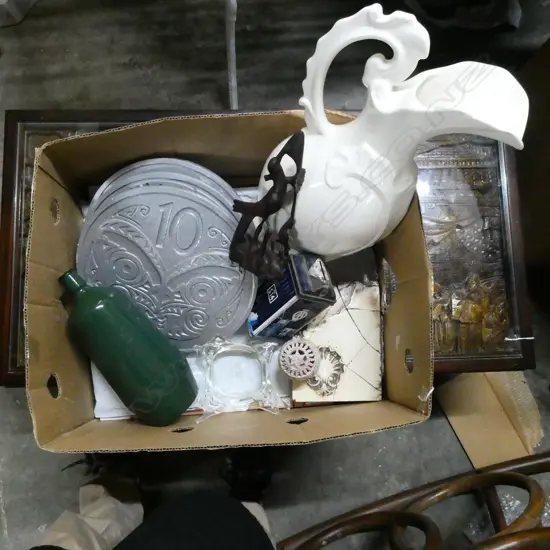 ASST COLLECTIBLES Incl. FONSECA BOTTLE, LG WHITE JUG, 3 COIN WALL HANGINGS, etc