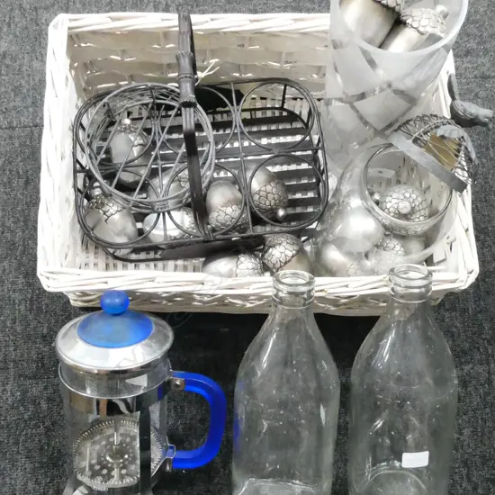 BASKET w. 2 MILK BOTTLES, TRAY, PYREC PLUNGER, ASST SILVER ACORNS, etc