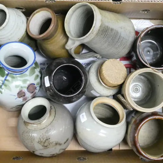 ASST MOSTLY UNMARKED STUDIO POTTERY; STORAGE JARS, VASES, etc