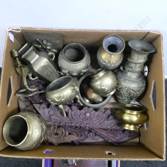 BOX OF ORIENTAL BRASS VASES BOWLS ETC