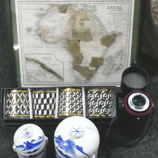 FRAMED MAP OF AFRICA 310x370mm, 4 JONATHAN ADLER 'VERSAILLES' COCKTAIL GLASSES (BOXED), 2 B/W CONTAINERS, TAMRON LENS