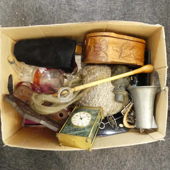 ASST. ITEMS; CUTLERY, TUDRIC PEWTER JUG, CLOCK, WOODEN BOX ETC