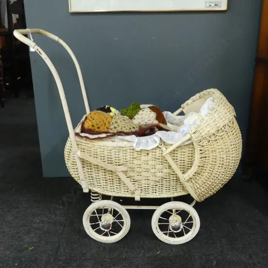 VINTAGE PAINTED CANE DOLL'S PRAM L.750mm