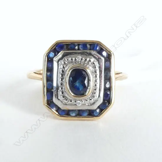 9ct SAPPHIRE SET DECO STYLE RING, (with 2 very small diamonds) SIZE  J