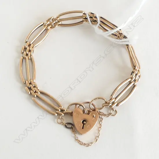 9ct ROSE GOLD GATE LINK BRACELET heart padlock clasp 11.59gms (safety chain Faulted)