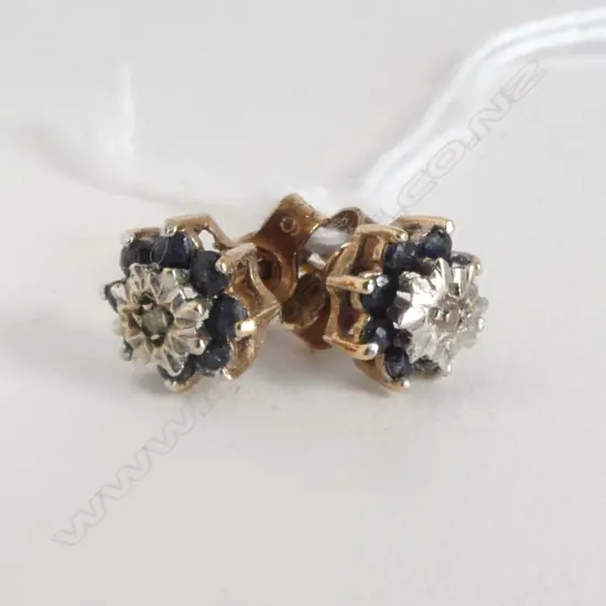 PR 9ct YELLOW GOLD SAPPHIRE & DIAMOND STUD EARRINGS 1.6gms
