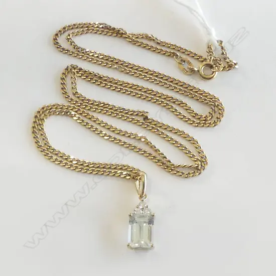 9ct YELLOW GOLD DIAMOND & AQUAMARINE PENDANT on 9ct GOLD NECKLACE 5.84gms