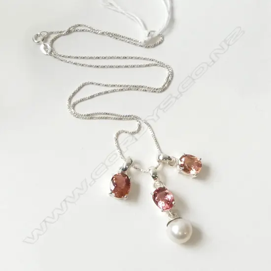 **RTV** 3 SILVER, TOURMALINE & PEARL PENDANTS w SILVER CHAIN L.430mm, NEW