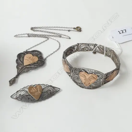 3 PC; ANTIQUE EGYPTIAN FILLIGREE SILVER & GOLD PLAQUE BRACELET, BOOCH & NECKLACE (CD8274)
