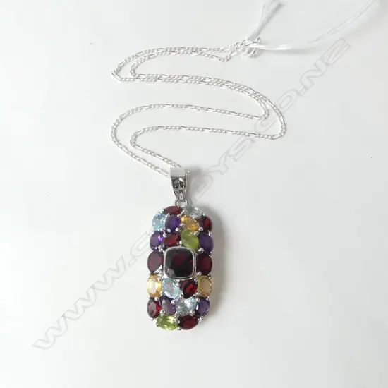 SILVER PENDANT SET w ASST. SEMI PRECIOUS STONES & SILVER CHAIN. PENDANT=L.40 x 20mm, CHAIN=L.440mm, NEW