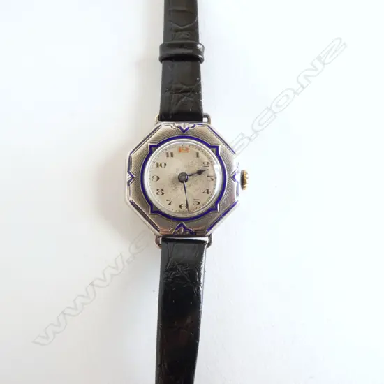 1920'S IWC LADIES SILVER & BLUE ENAMEL WRISTWATCH modern leather strap running
