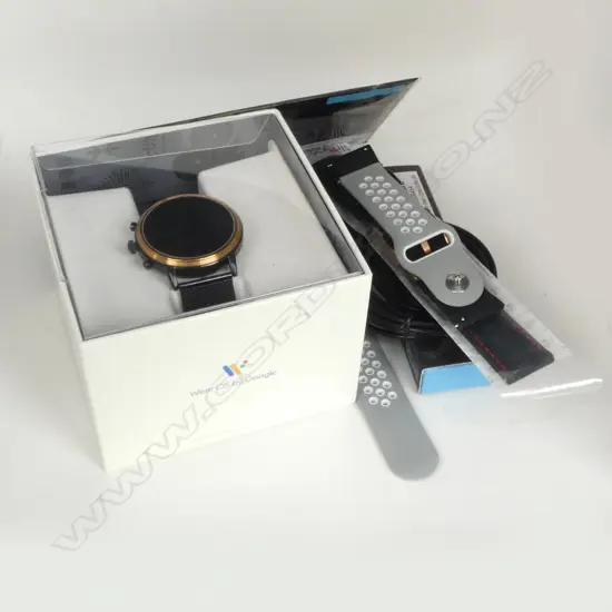 BOXED FOSSIL SMARTWATCH (UNTESTED), 4 ASST WATCH BANDS, 2 SMARTWATCH CHARGING CORDS, etc