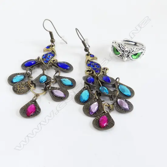 PR COSTUME EARRINGS & ADJUSTABLE OWL RING, NEW