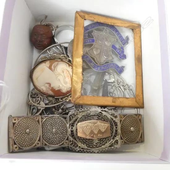 ASST MAINLY SILVER JEWELLERY: Egyptian bracelet + cameo + rings + pendant + school badges + ojime bead  etc