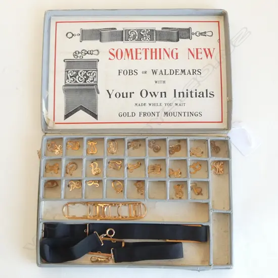 ORIGINAL 1910 1920'S GOLD FRONT (plated) FOB MOUNTS initials + framed etc. In original box