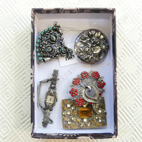4 COSTUME BROOCHES + SILVER & MARCASITE WRIST WATCH