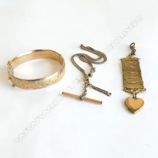 9CT GOLD LINED BANGLE + FOB CHAINS showing wear