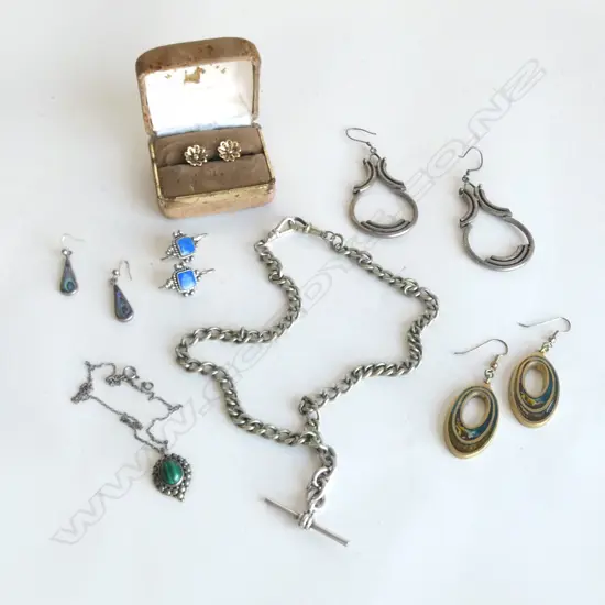 FOB CHAIN w. STG SILVER T BAR, 2 PR STG EARINGS 1 LAPIS 1 PAUA (TOTAL 12.22grms) & OTHER COSTUME 
