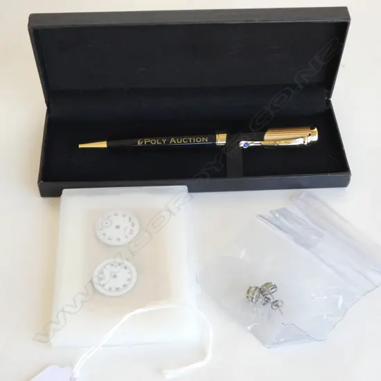 2 OLD WRISTWATCH FACES + PR SILVER & PERIDOT ? EARRINGS + GILT BOXED PEN 'POLY AUCTION'