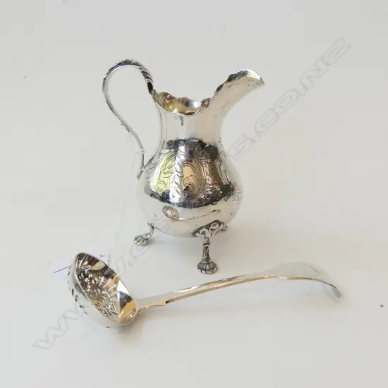 STG SILVER CREAM JUG, LONDON 1840 124gms + SIFTER SPOON, LONDON 1852, 44gms