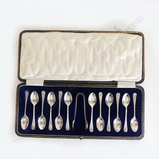 BOXED SET 12 TEASPOONS & SUGAR TONGS - BRIGHT CUT ENGRAVED DECORATION, SHEFFIELD 1919, 106gm (CD7789)