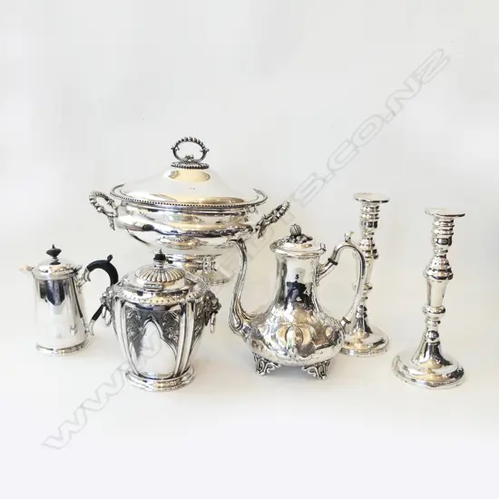 5 PCES EP; PR CANDLESTICKS H.250mm, TUREEN, 2 POTS, ICE BUCKET