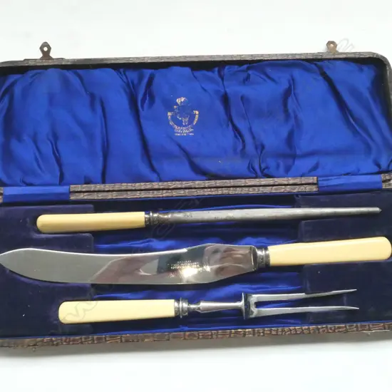 3PC ‘BONE’ HANDLE CARVING SET IN CASE SHEFFIELD, L.350MM (KNIFE)