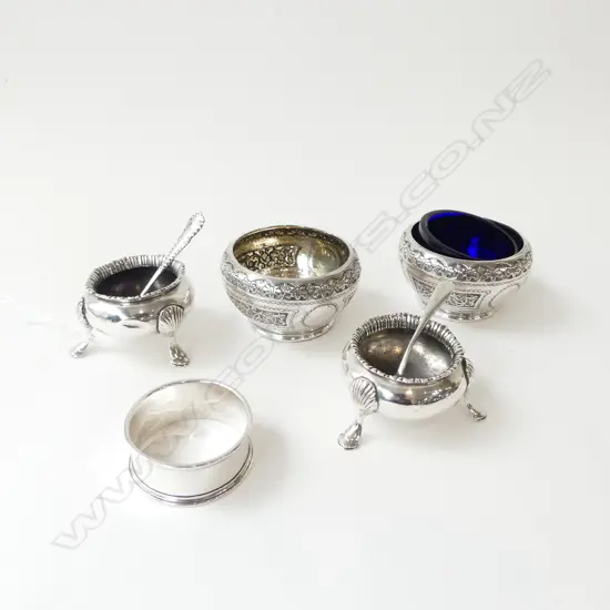 2 PRS STG SILVER SALTS + NAPKIN RING & 2 SPOONS, 200gms