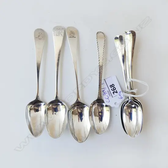 10 STG SILVER TEASPOONS, 6 LONDON 1888, 4 ASST. 133grms