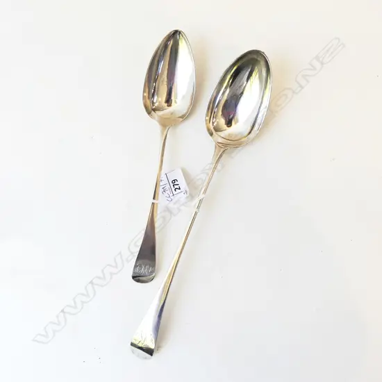 2 STG SILVER SPOONS; 1 x BASTING LONDON 1791 L.285mm & 1 x DESSERT SPOON LONDON 1801 163gms