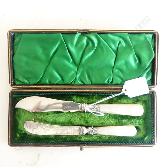BOXED ANTIQUE 2 SILVER PLATE & MOP KNIVES (CD7789)