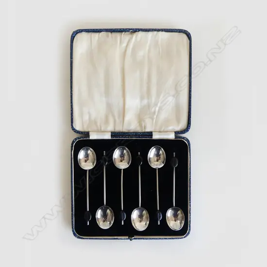 SET 6 SILVER COFFEE BEAN TEASPOONS IN CASE, BIRM. 1932, 33gm (CD7785)