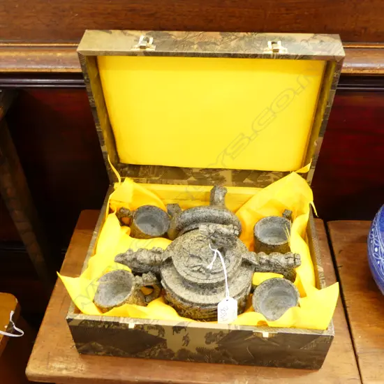 5 PCE CARVED STONE CHINESE TEA SET, BOXED